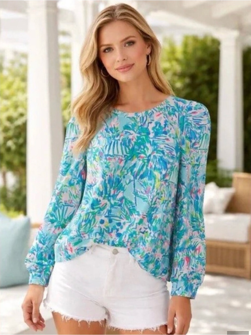 Lilly Pulitzer, NWTs Breeze Blue Long-Sleeve cabana cocktail top sz Medium